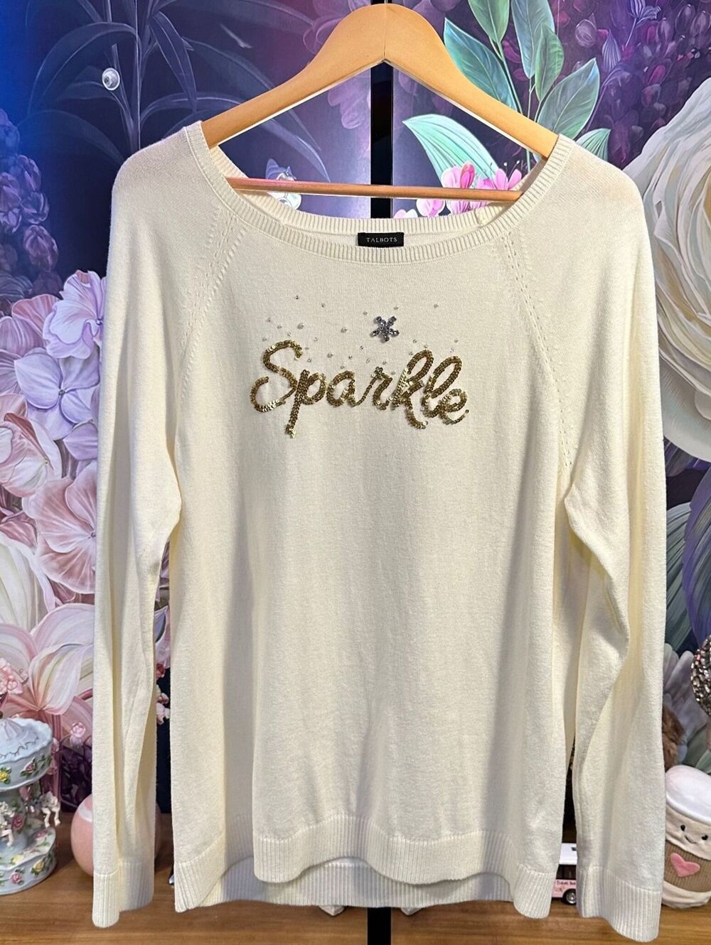 Talbots L Sweater Ivory Sparkle Sequin Snowflake Cashmere Blend Holiday - Picture 1 of 11